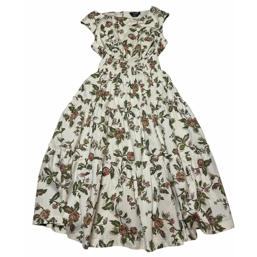Kate Spade Forest Blooms Blaire Midi Dress Cream Cotton Floral Print size Small